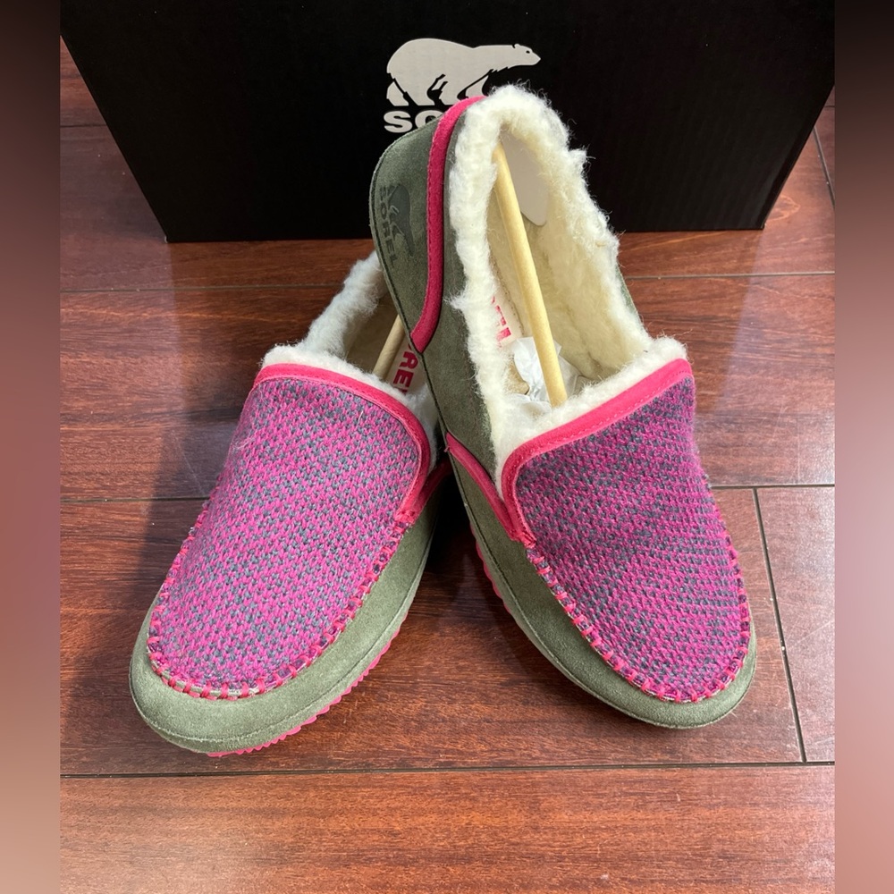 Womens 9 Sorel Tremblant II Moccasin Slippers Slip On Moc Suede Wool Stone Green